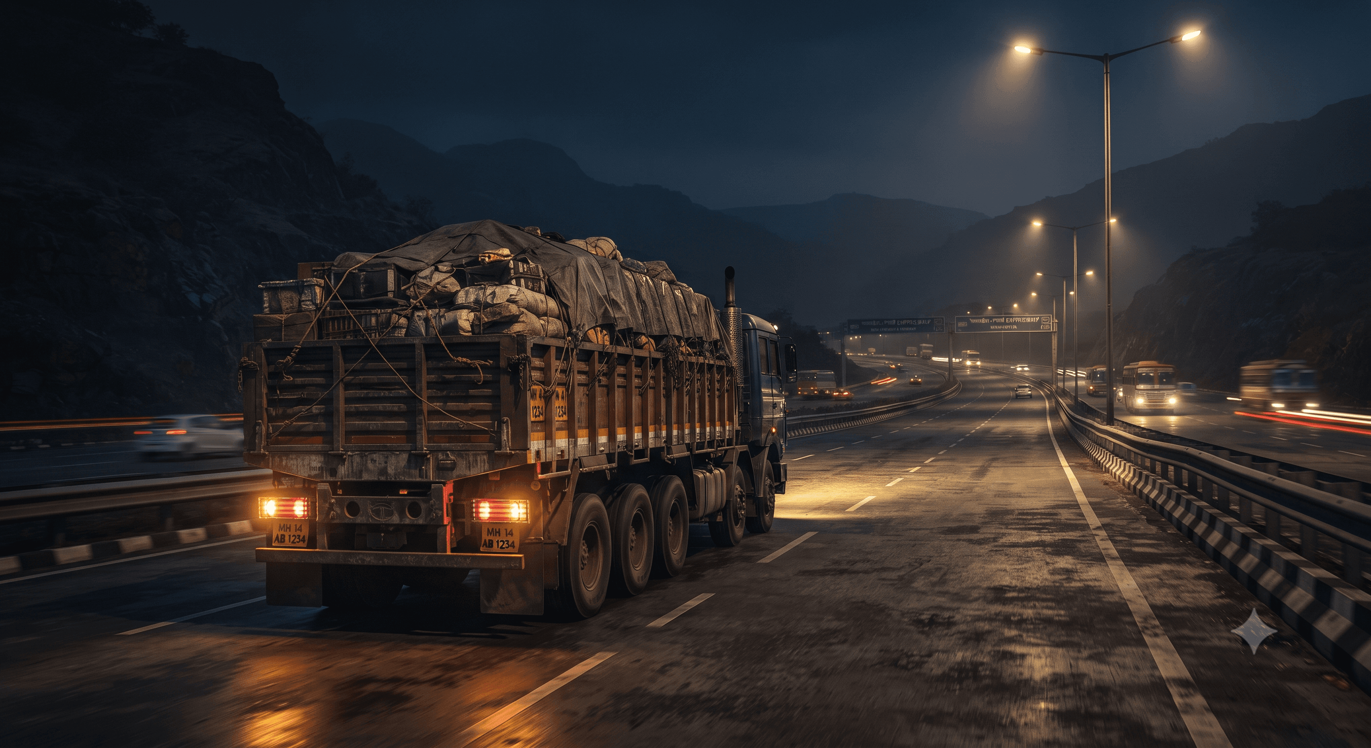 Heavy commercial goods truck operating on express highway corridor at twilight