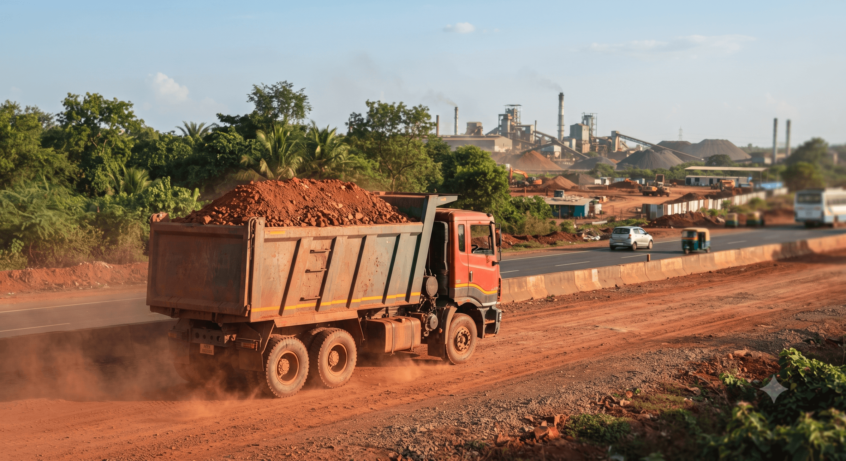 Heavy commercial dump truck hauling mineral cargo along active industrial corridor