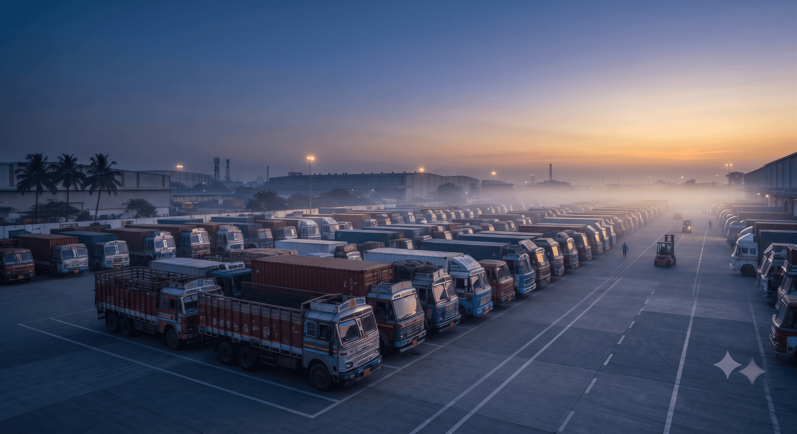Industrial commercial logistics depot with extensive fleet of cargo trucks at sunrise